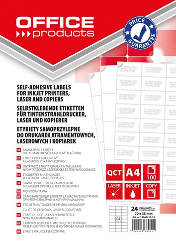 OFFICE products étiquettes, blanc, coins carrés, 100 feuilles, 70 x 35 mm, 24 étiquettes par feuille