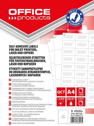 OFFICE products etiketten, wit, rechte hoeken, 100 vel, 210 x 297 mm, 1 etiket per vel