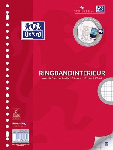 Oxford liasse pour fardes  pour ft A4, 23 trous, avec marge, 200 pages, quadrillé 5 mm 1 Stuk