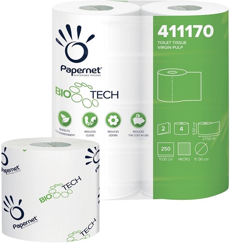 Papernet papier toilette Bio Tech, 2 plis, 250 feuilles, paquet de 4 rouleaux
