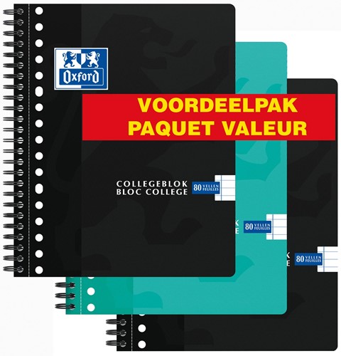 Oxford School bloc collège, ft A5+, 160 pages, 17 trous, ligné, assorti, 3 pièces 3 Stuk