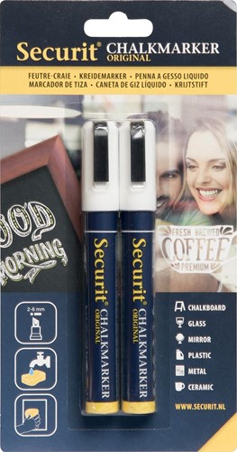 Securit krijtmarker medium, blister met 2 stuks, wit 2 Stuk