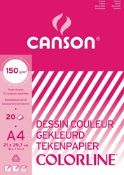 Canson papier à dessin Colorline, 150 g, ft 21 x 29,7 cm, A4, couleurs assorties, bloc de 20 feuilles