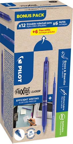 Pilot Frixion Ball Clicker, 12 rollers et 6+6 recharges 0,7 mm, bleu