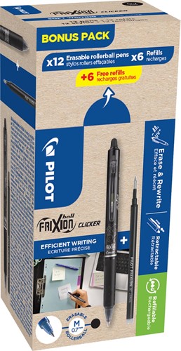Pilot Frixion Ball Clicker, 12 rollers et 6+6 recharges 0,7 mm, noir