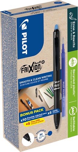 Pilot FriXion Ball Plus roller, moyen, bleu, boîte de 10 pièces + 10 recharges