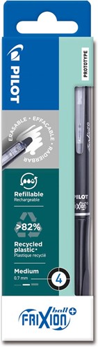 Pilot FriXion Ball Plus roller, medium, zwart, etui van 4 stuks