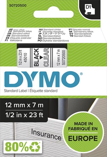 Dymo D1 ruban 12 mm, noir sur transparent 1 Stuk