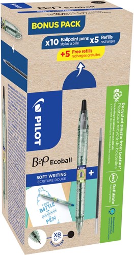 Pilot Ecoball B2P BeGreen stylo bille, large, noir, boîte de 10 pièces + 10 recharges