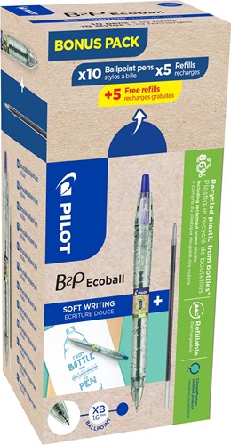 Pilot Ecoball B2P BeGreen stylo bille, large, bleu, boîte de 10 pièces + 10 recharges