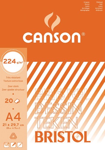 Canson papier à dessin Bristol, 224 g, ft 21 x 29,7 cm, A4, bloc de 20 feuilles