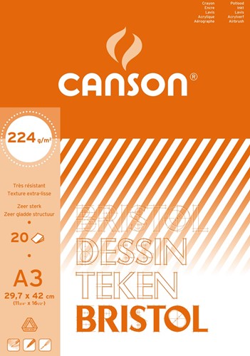 Canson papier à dessin Bristol, 224 g, ft 29,7 x 42 cm, A3, bloc de 20 feuilles