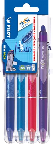 Roller rétractable Pilot FriXion Ball Clicker 2 Go, pointe medium, 0,7 mm, blister de 4 pièces