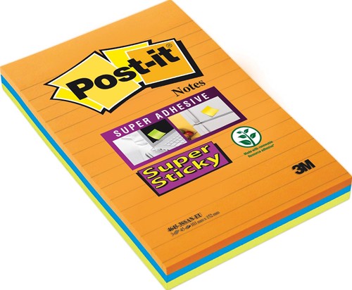 Super Sticky Notes Post-It, 45 feuilles, ft 102 x 152 mm, couleurs assorties, paquet de 3