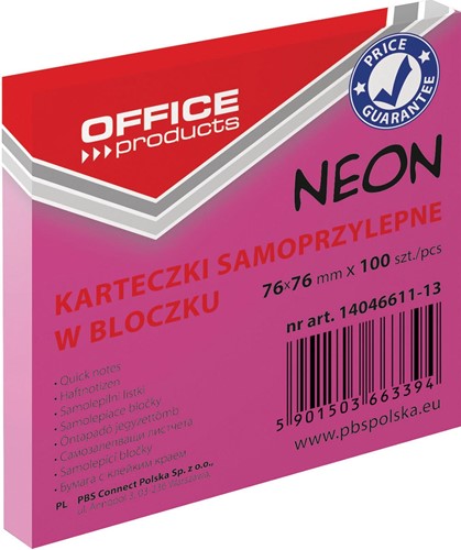 OFFICE products bloc mémo Neon, 76 x 76 mm, 100 feuilles, rose néon