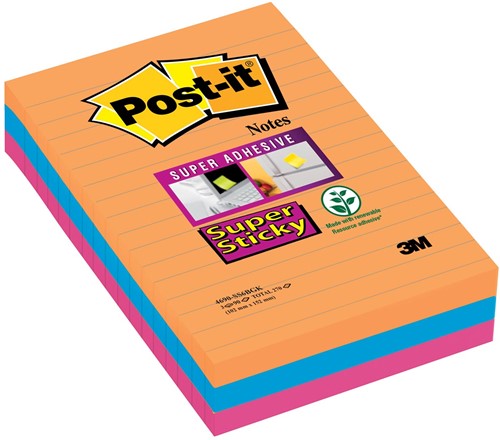 Post-it Super Sticky Notes XXL Boost, 90 vel, ft 101 X 152 mm, gelijnd, geassorteerde kleuren, pak van 3 3 Stuk