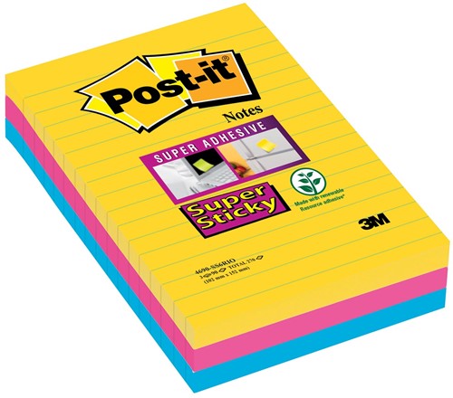 Post-it Super Sticky notes XXL Carnival, 90 feuilles, ft 101 X 152 mm, ligné, couleurs assorties, paquet 3 Stuk