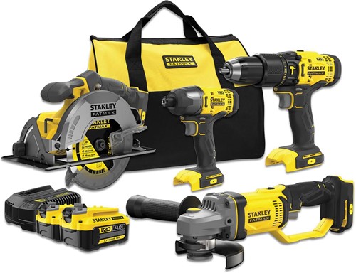 Stanley Fatmax perceuse et visseuse à percussion, scie circ., meuleuse d'angle 18V + 2 batteries +softbag
