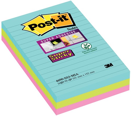 Post-it Super Sticky Notes XXL Cosmic, 90 feuilles, ft 101 X 152 mm, ligné, couleurs assorties, paquet de 3 Stuk