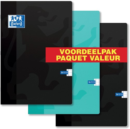 Oxford School cahier, ft A4, 72 pages (36 feuilles), geruit 10mm, paquet de 3 pièces, couleurs assorties