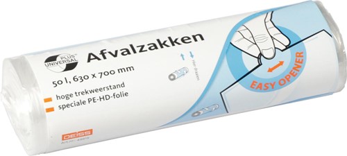 Universal Plus vuilniszak 10 micron, ft 63 x 70 cm, 50 liter, wit, rol van 50 stuks