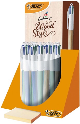 Bic Colours Wood 4-kleurenbalpen, medium, klassieke inktkleuren, display van 30 stuks