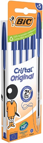Bic Cristal balpen medium, blauw, blister van 5 stuks