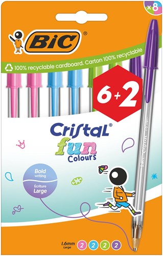Bic balpen Cristal Fun, geassorteerde kleuren, etui van 6 + 2 gratis