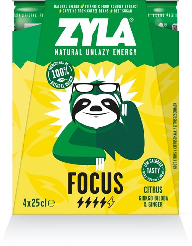 Zyla energiedrank Focus, citrus, blik van 25 cl, pak van 4 stuks