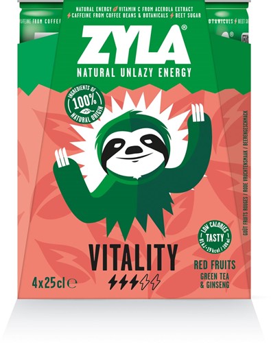 Zyla energiedrank Vitality, rode vruchten, blik van 25 cl, pak van 4 stuks