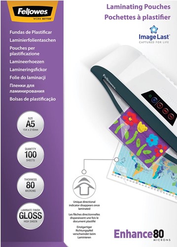 Fellowes pochette à plastifier Enhance80 ft A5, 160 microns (2 x 80 microns), paquet de 100 pièces