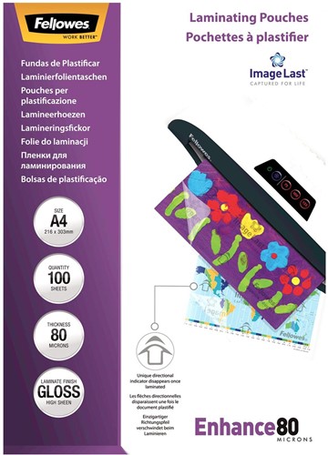 Fellowes pochette à plastifier Enhance80, ft A4, 160 microns (2 x 80 microns), paquet de 100 pièces 100 Stuk