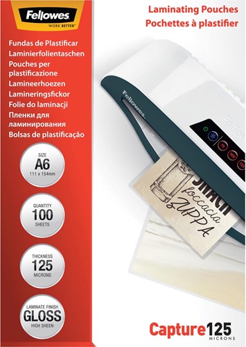 Fellowes pochette à plastifier Capture125 ft A6, 250 microns (2  x 125 microns), paquet de 100 pièces 100 Stuk