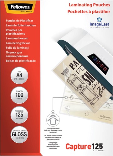 Fellowes ImageLast pochette à plastifier Capture125, ft A4, 250 microns (2 x 125 microns), paquet de 100