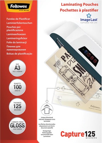 Fellowes pochette à plastifier Capture125, ft A3, 250 microns (2 x 125 microns), paquet de 100 pièces 100 Stuk