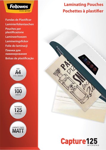 Fellowes pochette à plastifier Capture125, ft A4, 250 microns (2 x 125 microns), paquet de 100 pièces, ma