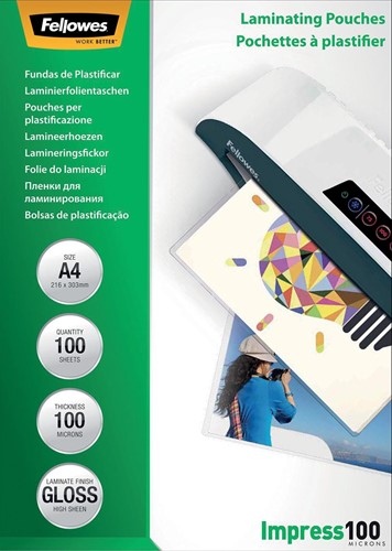 Fellowes pochette à plastifier Impress100, ft A4, 200 microns (2 x 100 microns), paquet de 100 pièces