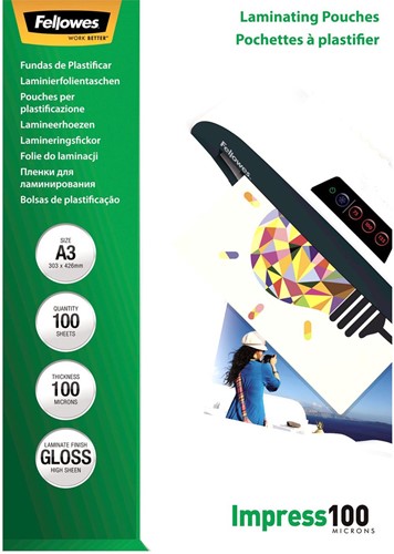 Fellowes pochette à plastifier Impress100 ft A3, 200 microns (2 x 100 microns), paquet de 100 pièces