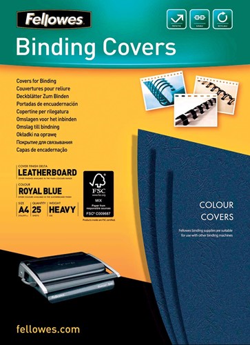 Fellowes couvertures, ft A4, carton grain cuir, 250 micron, paquet de 25 pièces, bleu