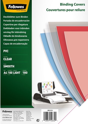 Fellowes couvertures, ft A4, PVC, 180 micron, paquet de 100 pièces, transparent