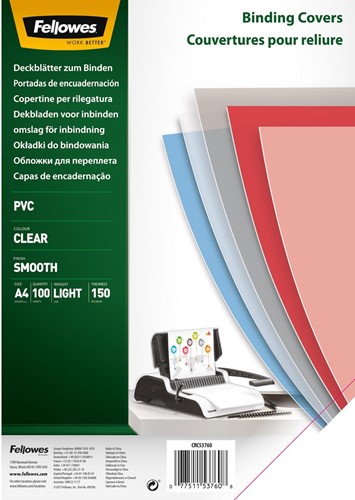 Fellowes couvertures, ft A4, PVC, 150 micron, paquet de 100 pièces, transparent