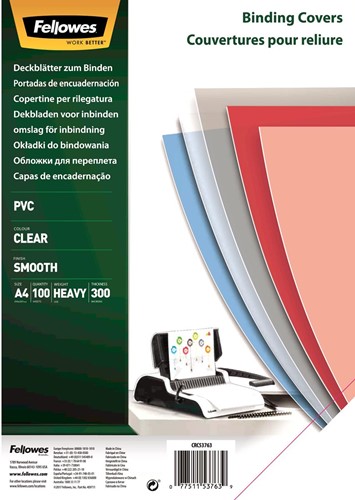 Fellowes couvertures, ft A4, PVC, 300 micron, paquet de 100 pièces, transparent