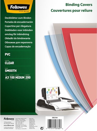 Fellowes couvertures, ft A3, PVC, 200 micron, paquet de 100 pièces, transparent