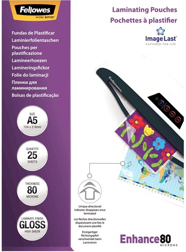 Fellowes pochette à plastifier Enhance80 ft 154 x 216 mm,  160 microns (2 x 80 microns), paquet de 25 25 Stuk