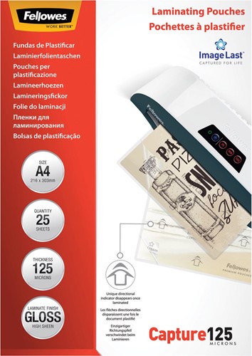 Fellowes pochette à plastifier Capture125, ft A4, 250 microns (2 x 125 microns), paquet de 25 pièces