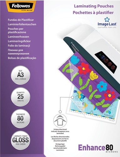 Fellowes pochettes à plastifier ft A3 mm, 160 microns (2 x 80 microns), brillante, paquet de 25 pièces