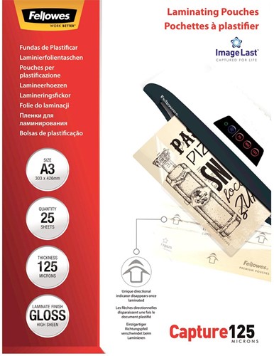 Fellowes pochette à plastifier Capture125 ft A3, 250 microns (2 x 125 microns), paquet de 25 pièces 25 Stuk