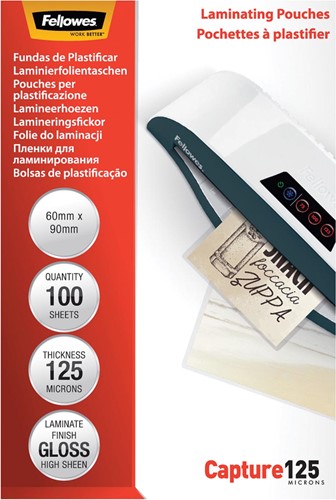 Fellowes pochette à plastifier Capture125 ft 60 x 90 mm, 250 microns (2 x 125 microns), paquet de 100 100 Stuk