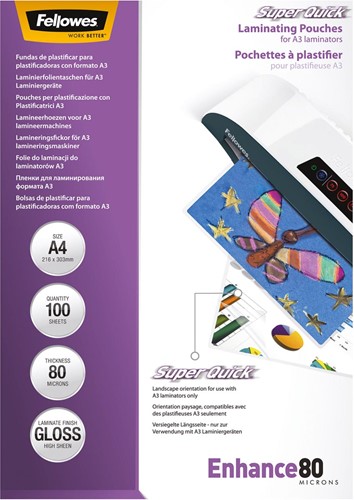 Fellowes Super Quick pochette à plastifier Enhance80, ft A4, 160 microns (2 x 80 microns), paquet de 100 100 Stuk