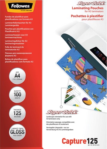 Fellowes pochette à plastifier Capture125 Super Quick, ft A4, 250 microns (2 x 125 microns), paquet de 10 100 Stuk